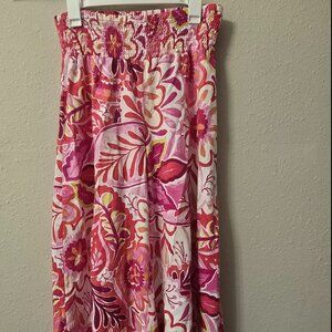 CeCe Pink Floral Wide-Leg Smocked Waist Linen-Blend Pants-Waist Flat 14"-17" EUC